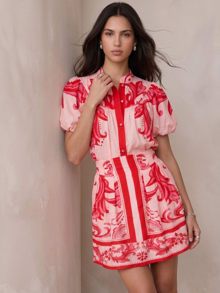 Pink Puff Sleeve Shirt And Skirt Set