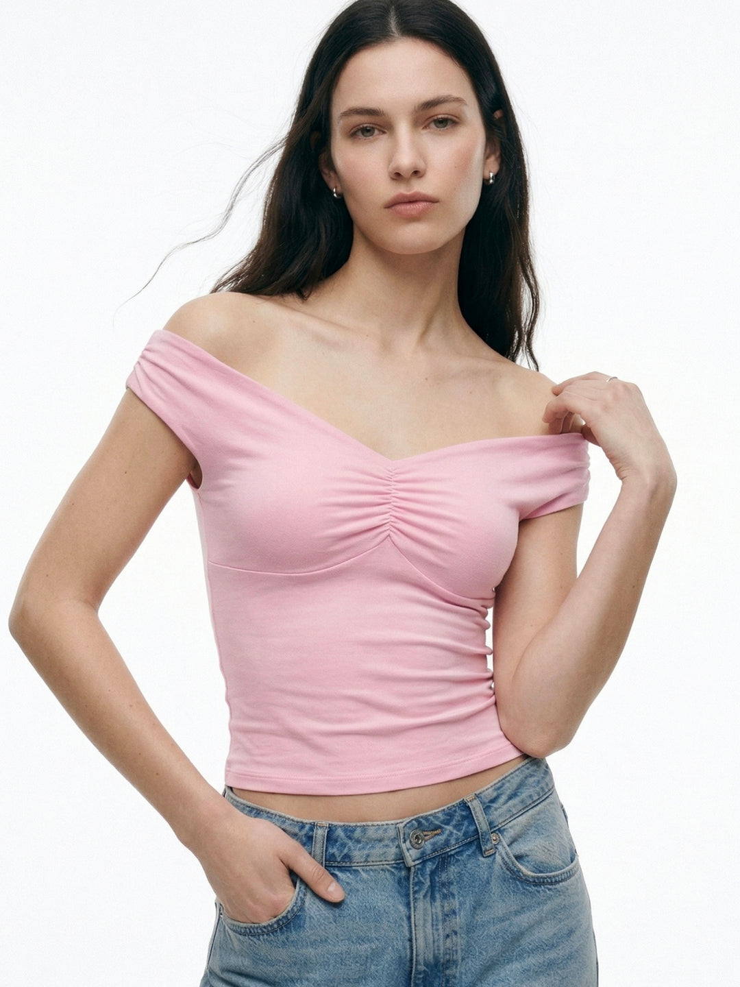 Pink Asymmetrical Neckline Fitted Top