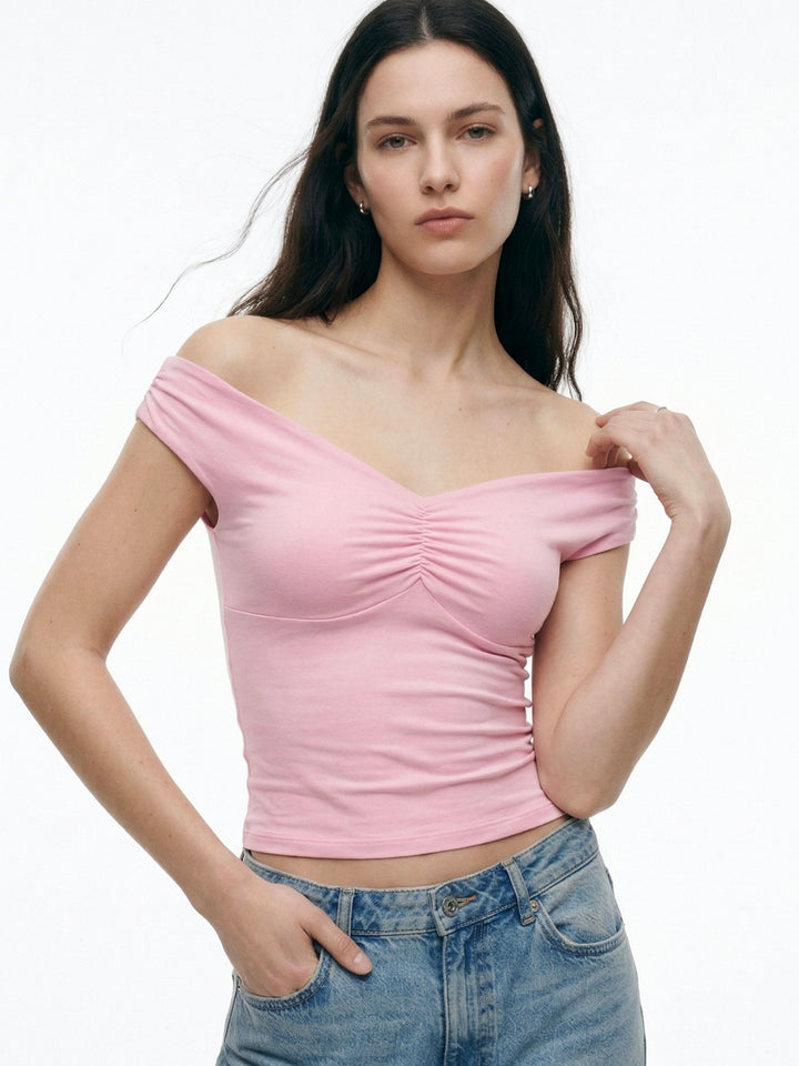 Pink Asymmetrical Neckline Fitted Top