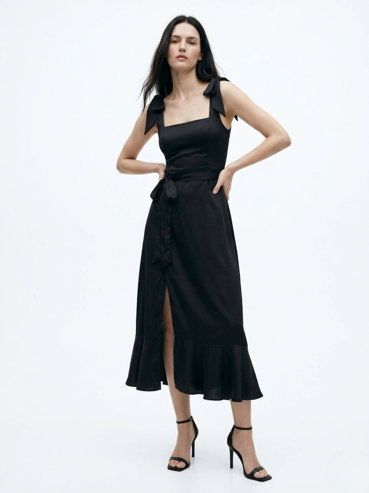 Black Shoulder Tie-Up Flare Dress