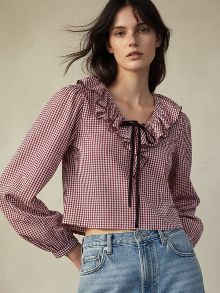 Pink Ruffle Neckline Checkered Top