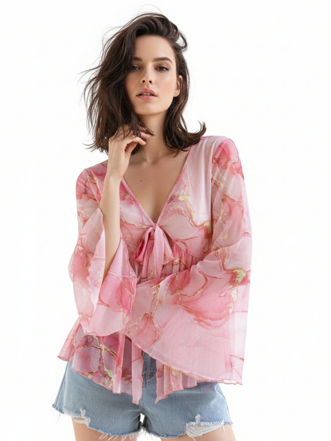 Pink Bell Sleeve Front Tie-Up Printed Top
