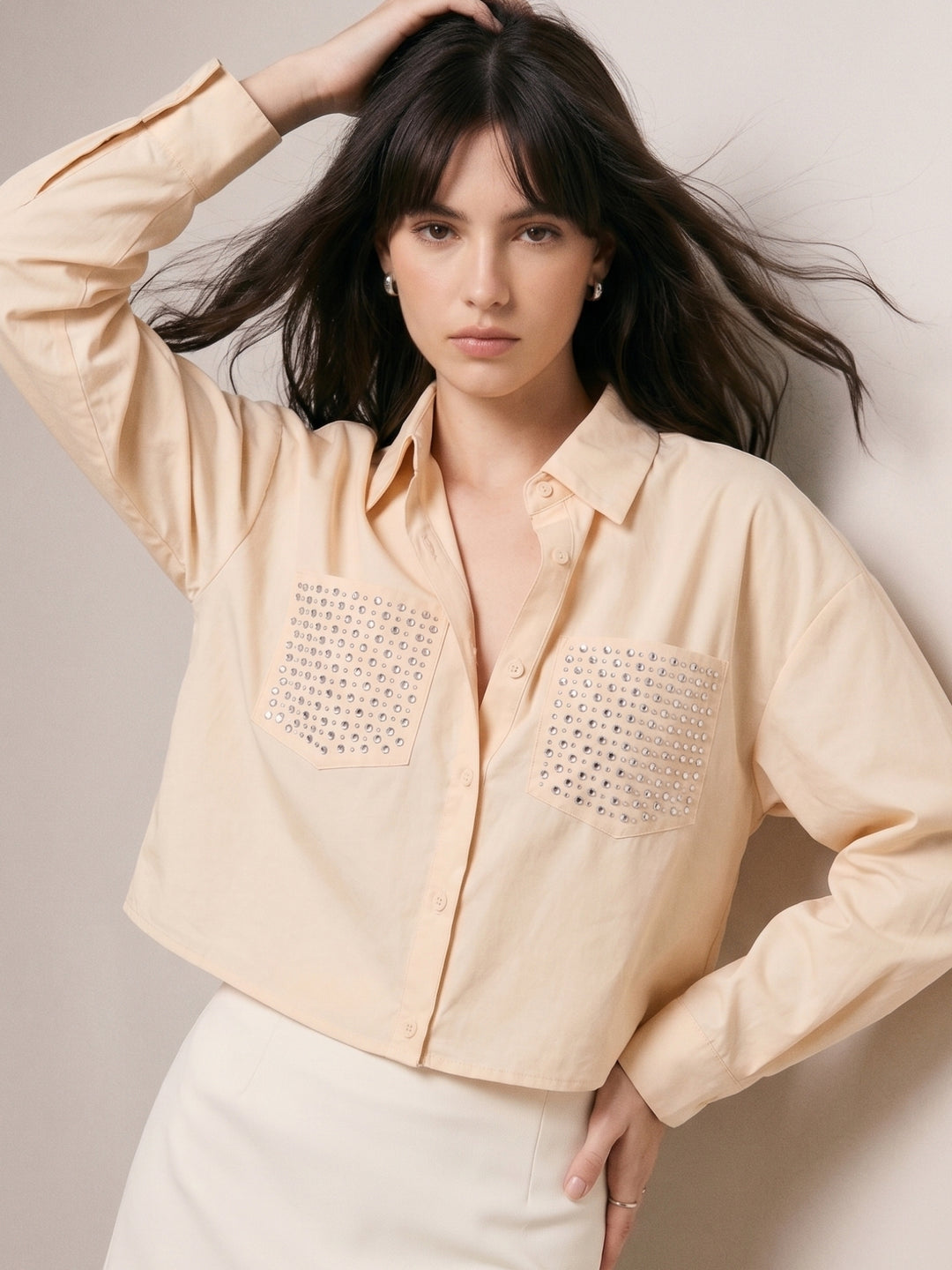 Cream Button Down Collared Shirt With Crochet Typed Pockets
