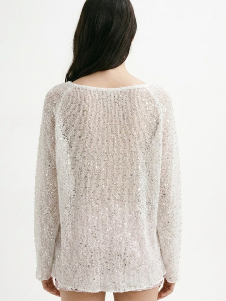 White Sequined Sheer Relaxed Top