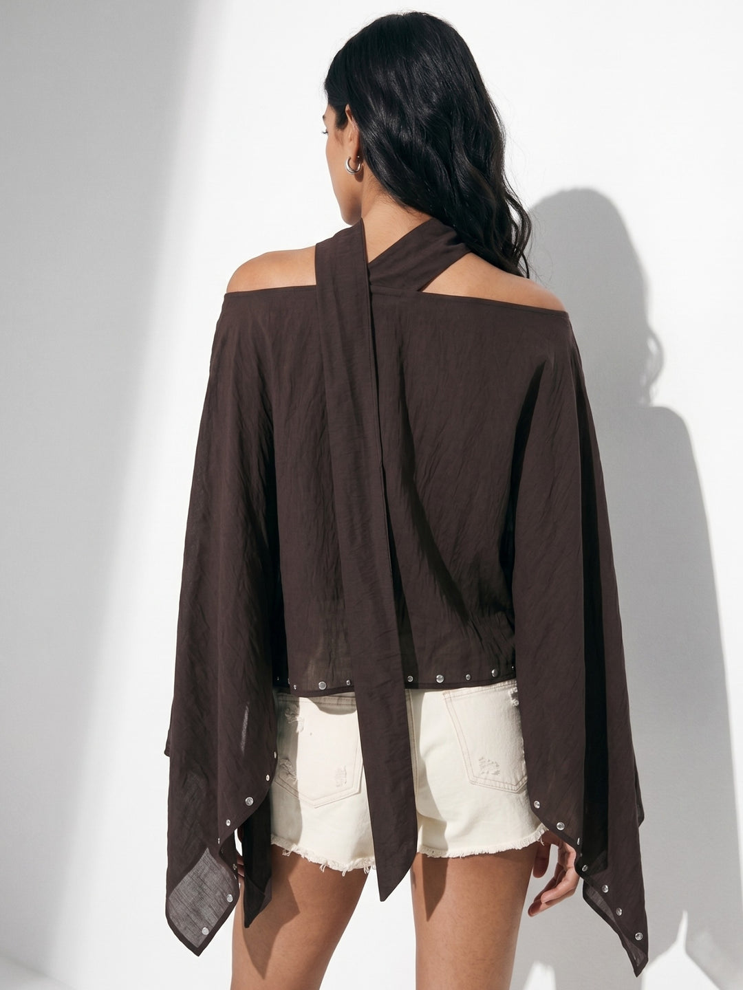 Brown Cape Sleeves Neck Wrap Studded Top