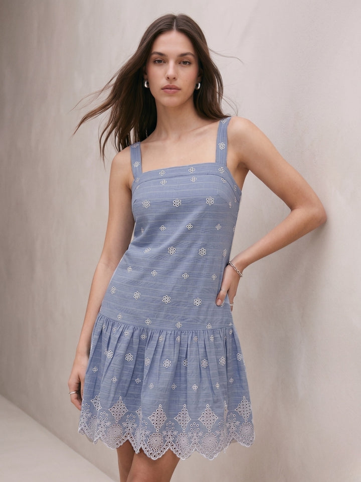 Blue Printed A-Line Dress Fit With Flared Hemline