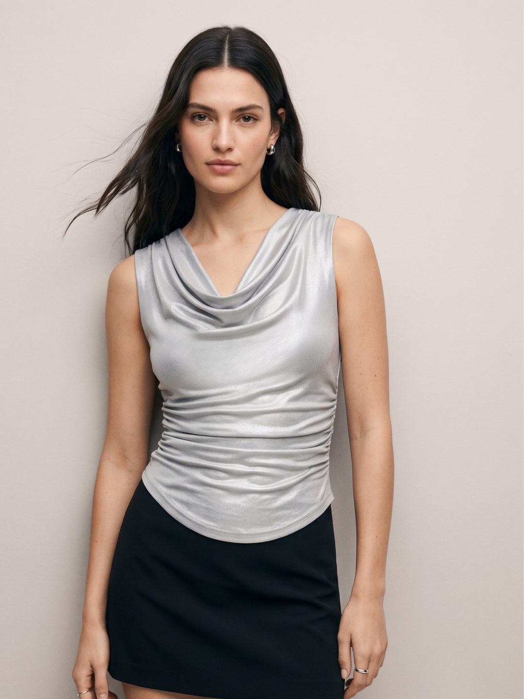 Silver Shimmer Apple Hem Cowl Neck Top