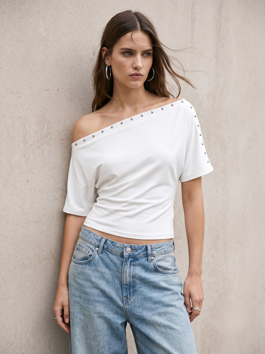 White One Shoulder Studded Waist Fitted Top