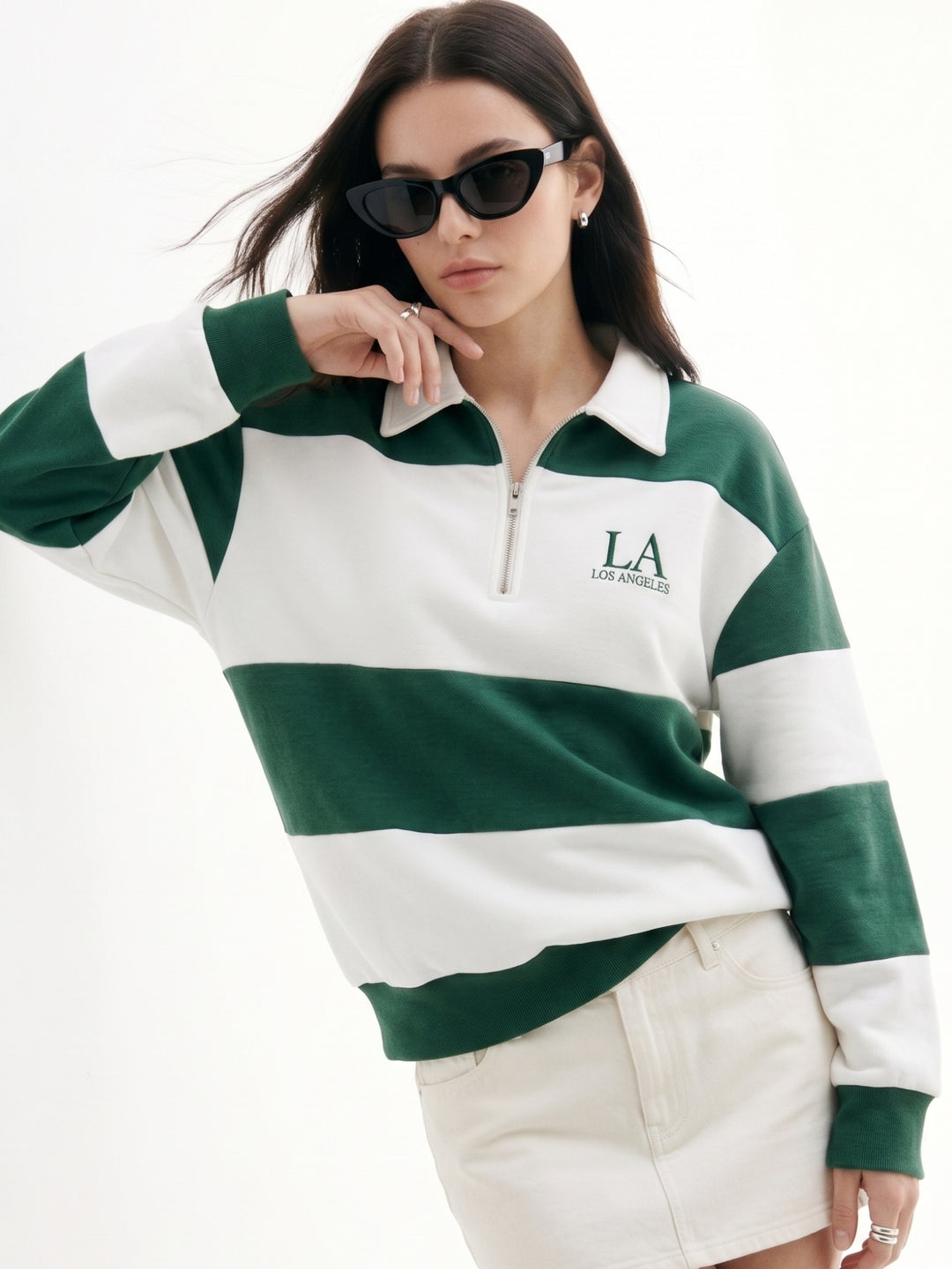 Multi Striped Varsity Graphic Printed Collared Half Zip Up Sweatshirt