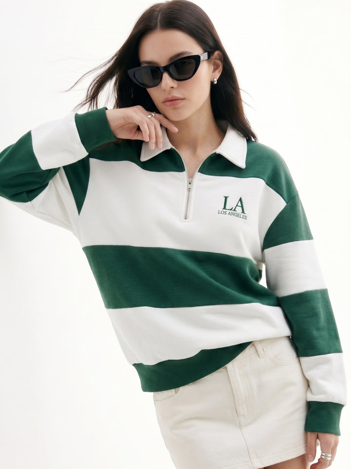 Multi Striped Varsity Graphic Printed Collared Half Zip Up Sweatshirt
