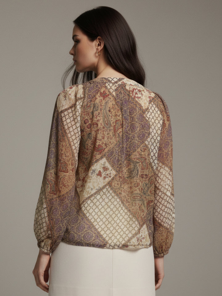 Brown Multicolor Paisley Boho Blouse