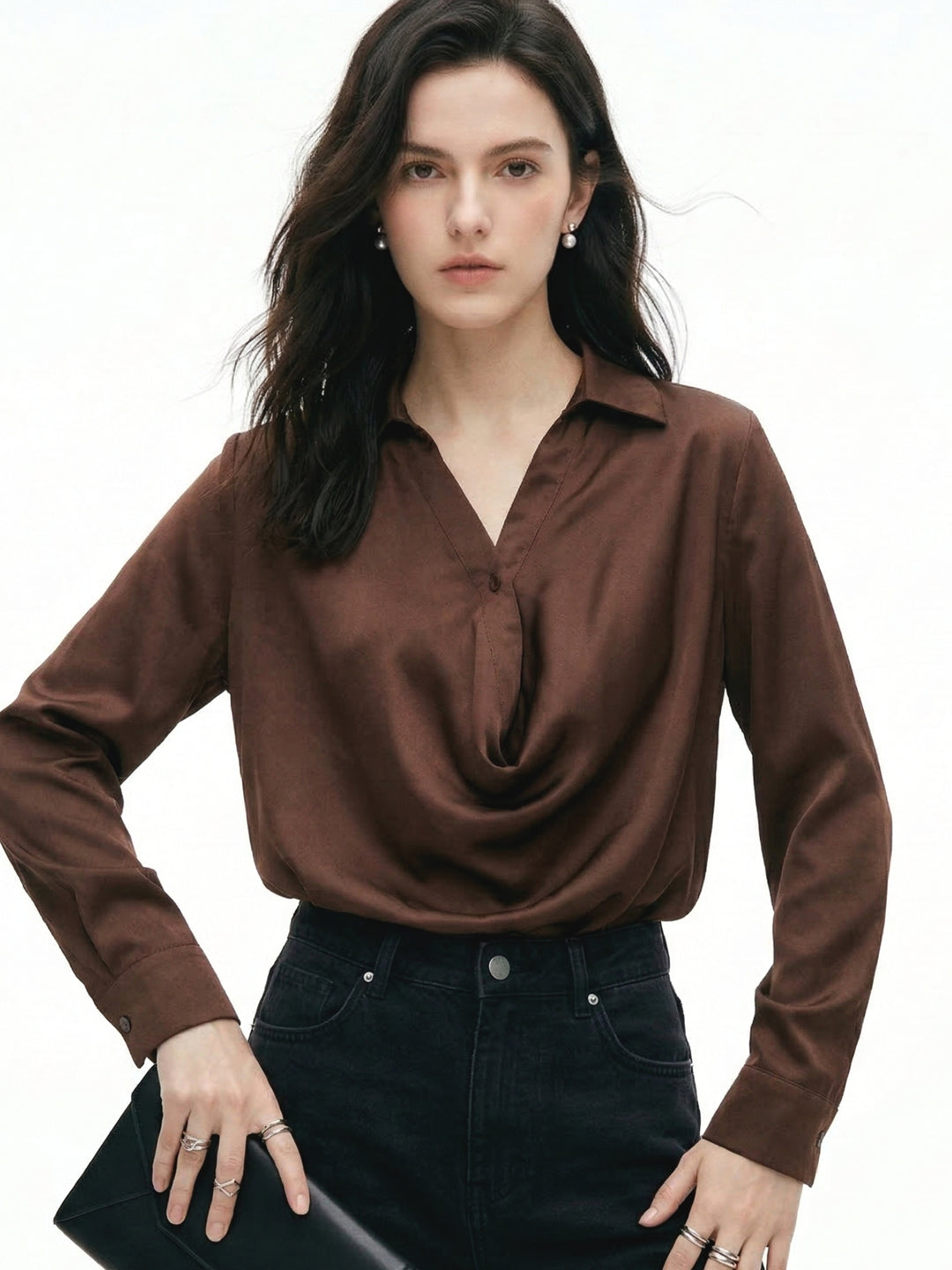 Brown Half Button Down Cowl Neck Top