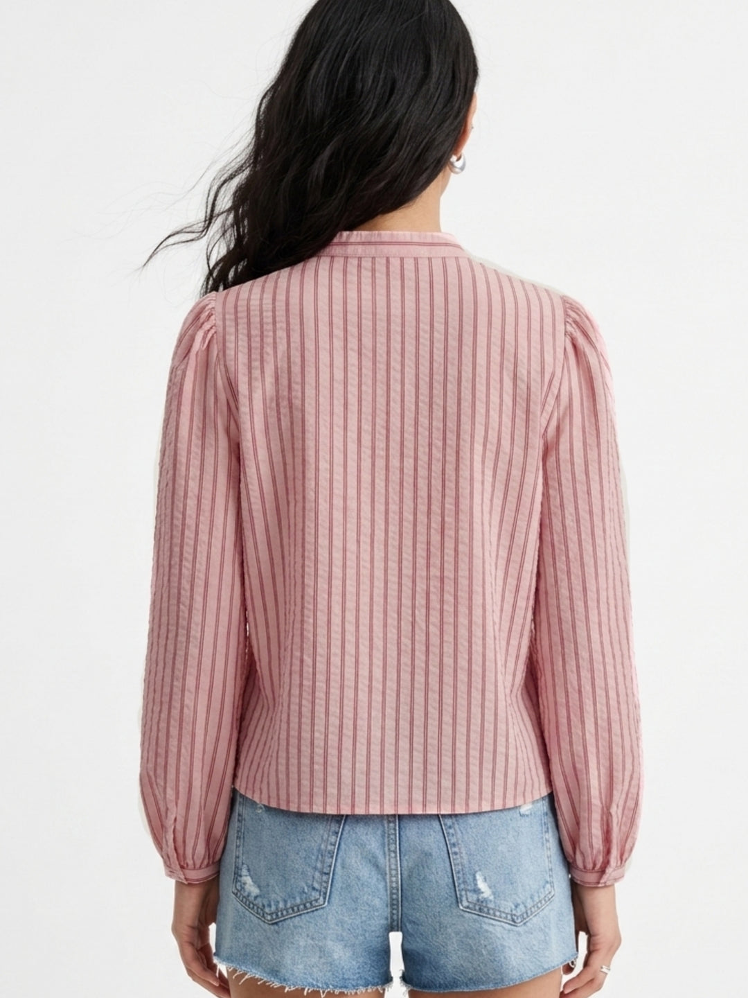 Pink Ruffle Detail Striped Shirt