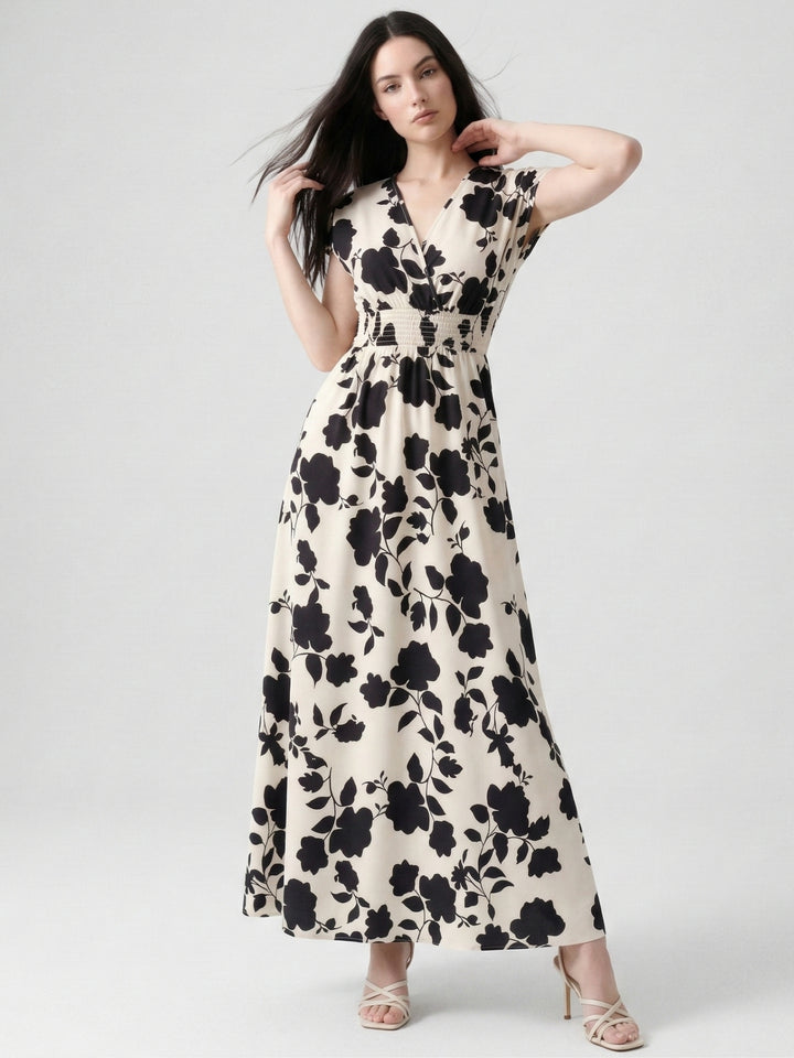 White Short Sleeve V Neck Floral Dress
