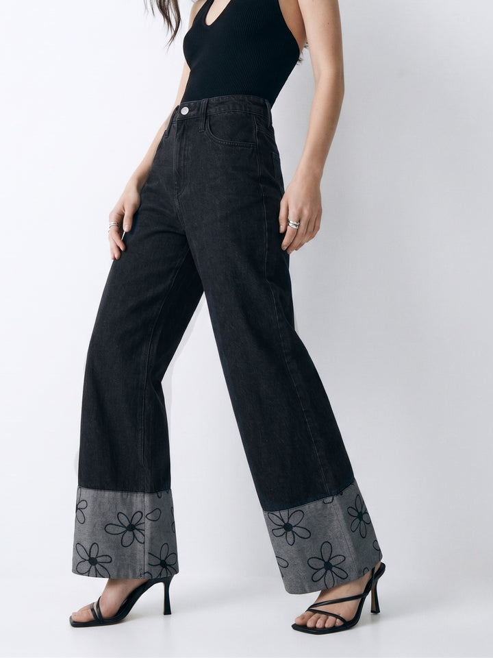 Black Dark Wash Printed Cuff Straight Fit Jeans