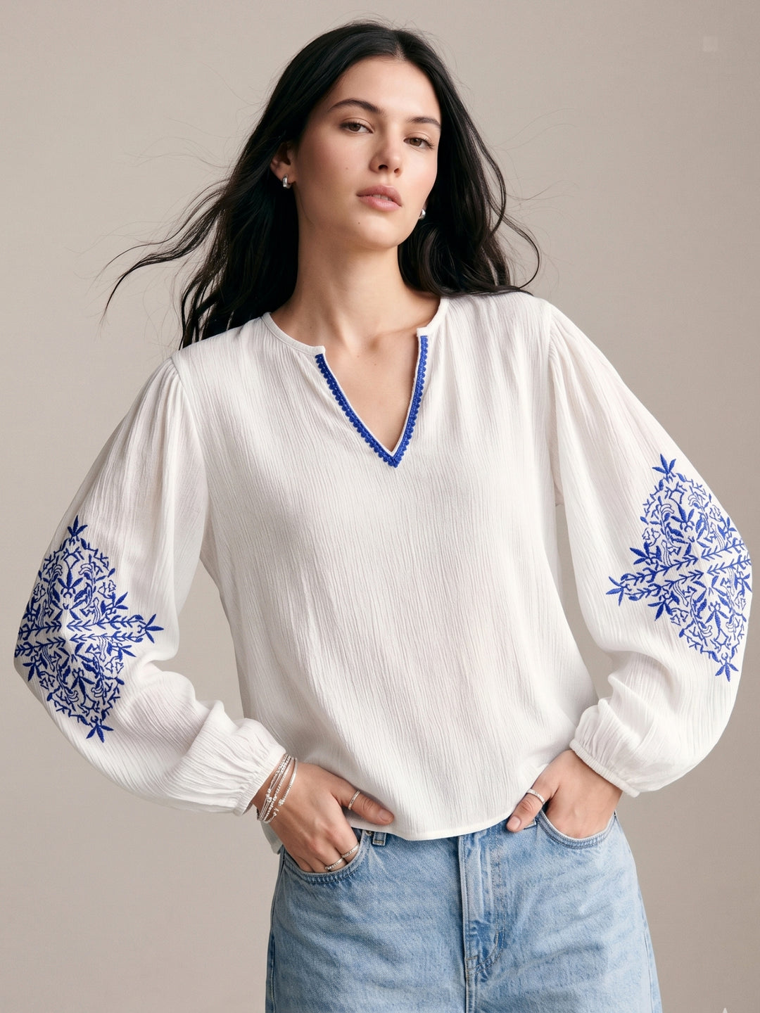 White Puff Sleeve Embroidered Blouse