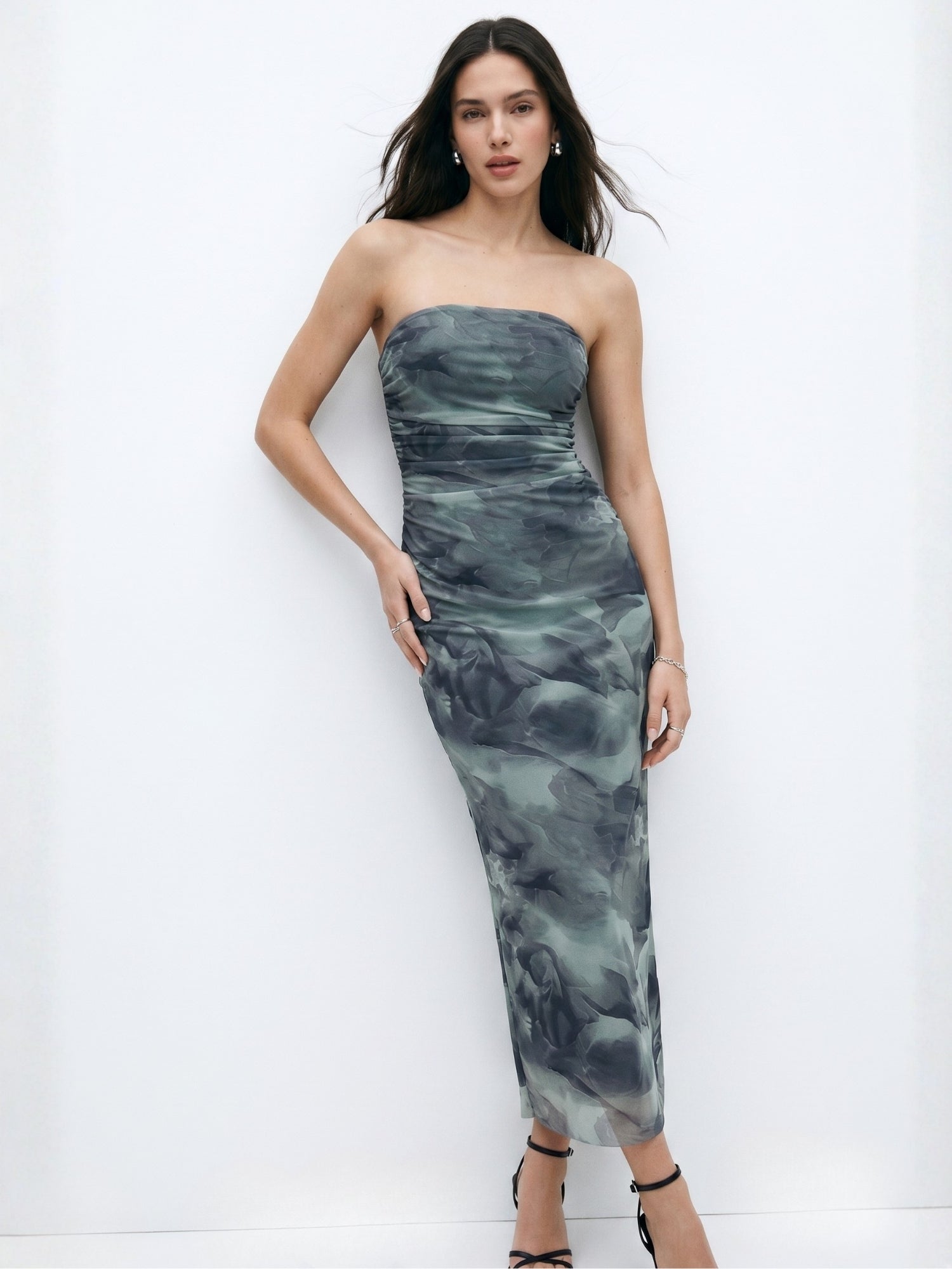 Deep Blue Digital Print Mesh Tube Dress