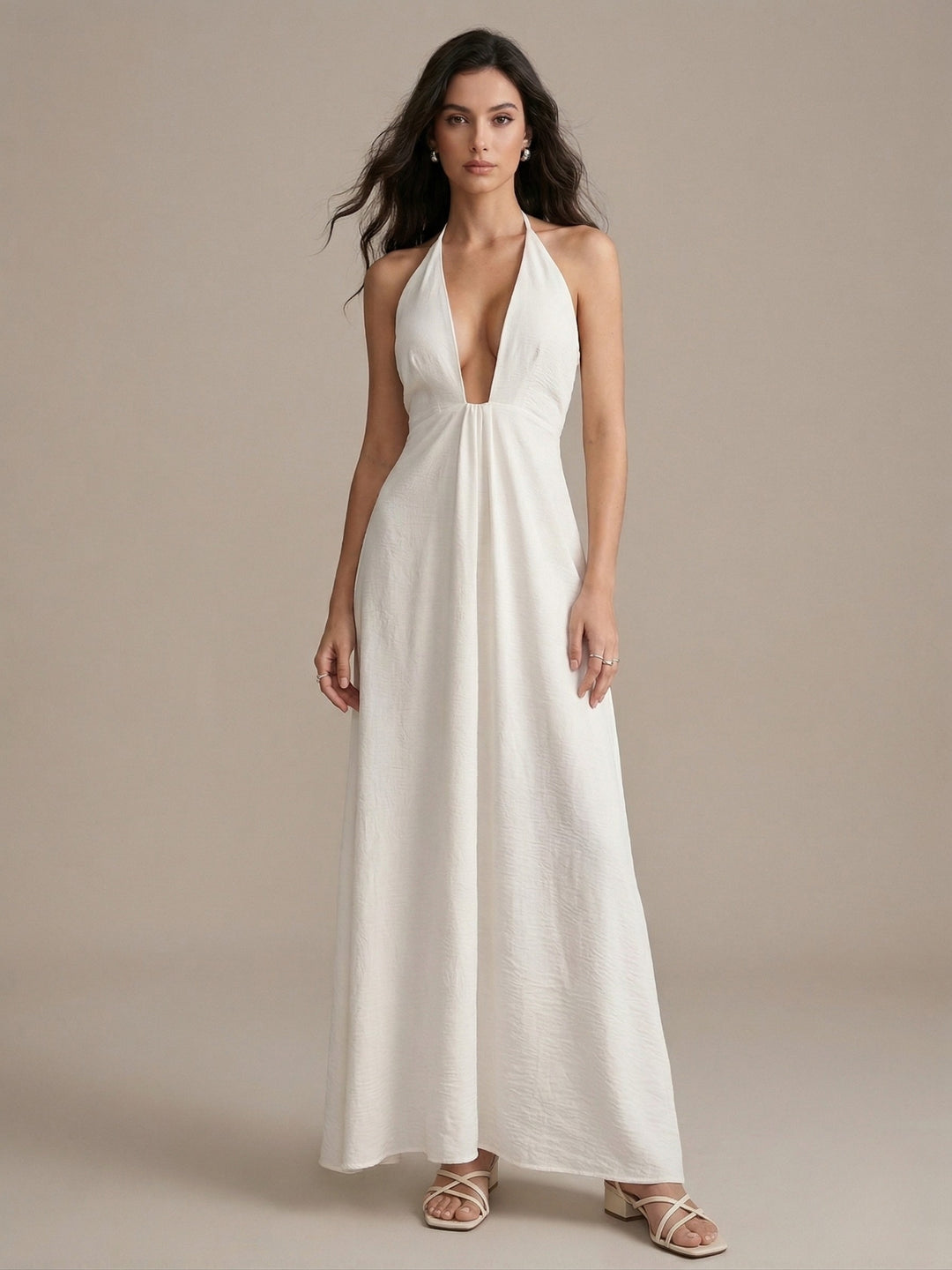 White Halter Neck Solid Dress