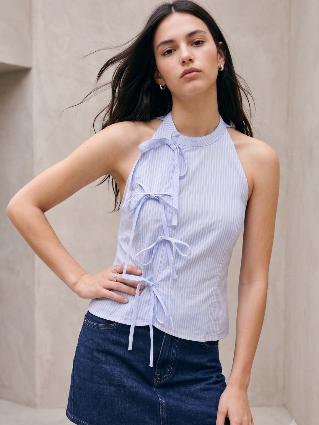 Blue Striped Halter Neck Side Tie Asymmetric Blouse