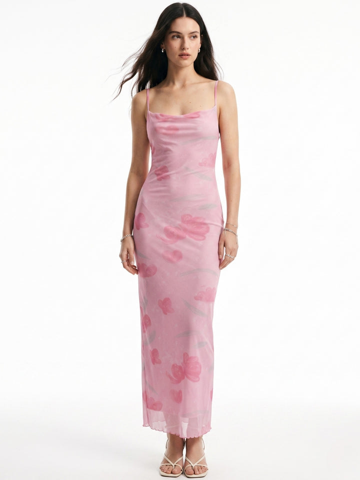 Pink Spaghetti Strap Floral Printed Dress