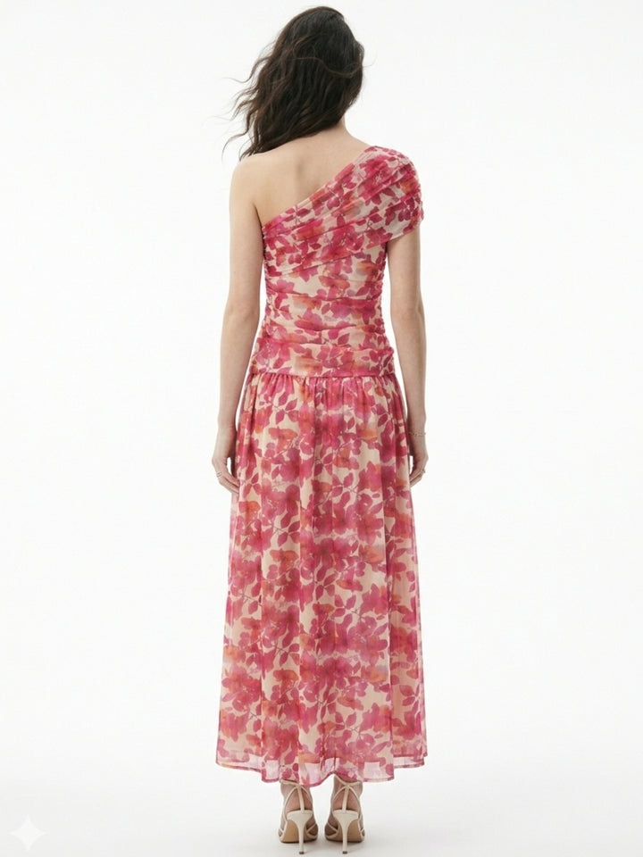 Pink Romantic Floral Print Bardot Dress With Delicate Ruffle Trim Detail