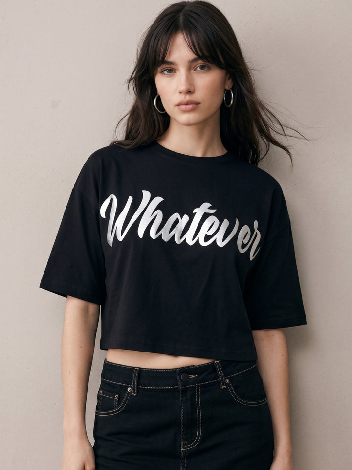 Black Cropped Boxy T-Shirt With Hd Foil Printed Graphic