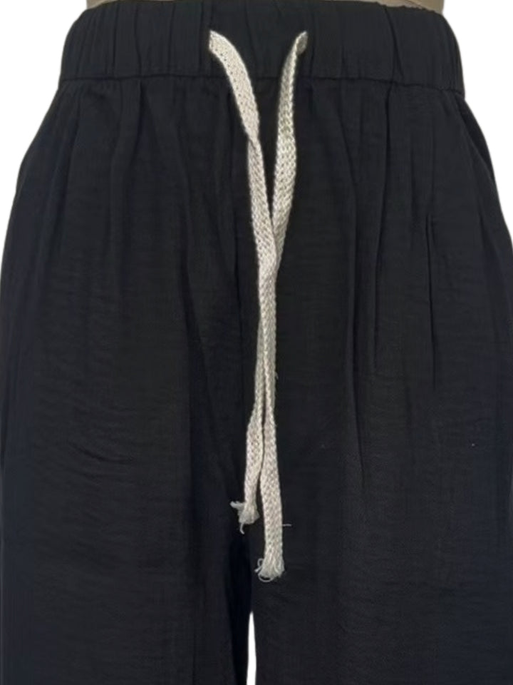 Black High Waist Drawstring Attached Pleated Pant