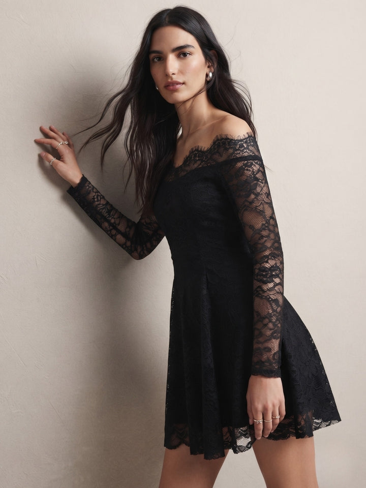 Black Off-Shoulder Lace Skater Dress