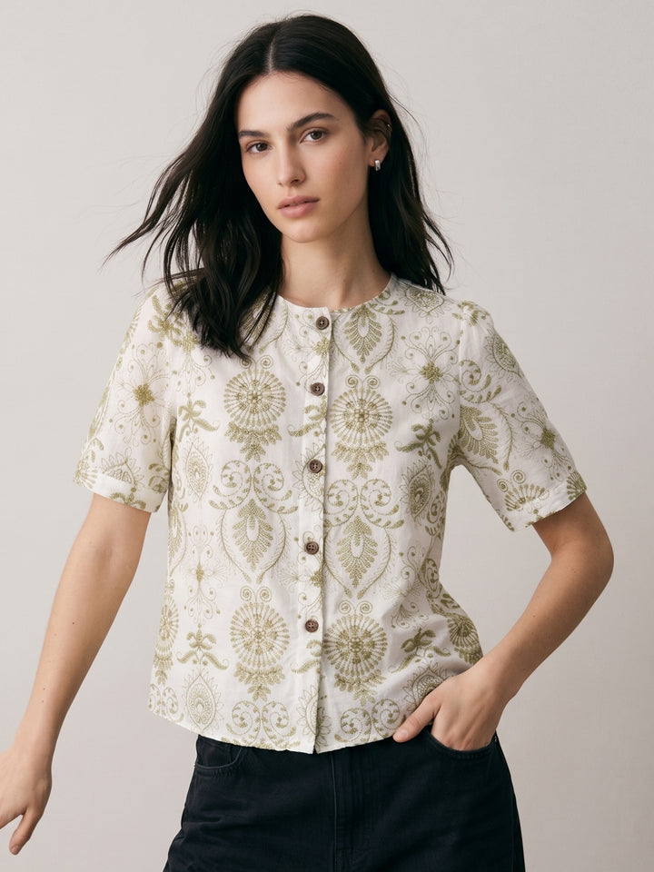 White Button Down Embroidered Blouse