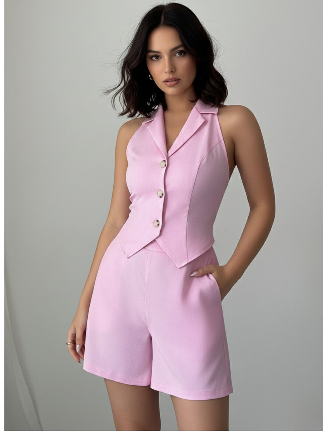 Pink Waist Coat And Shorts Co-Ord Set