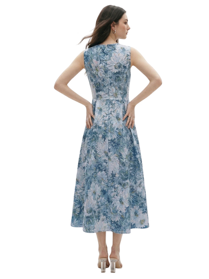 Blue High Neck Printed Gazetted Dress