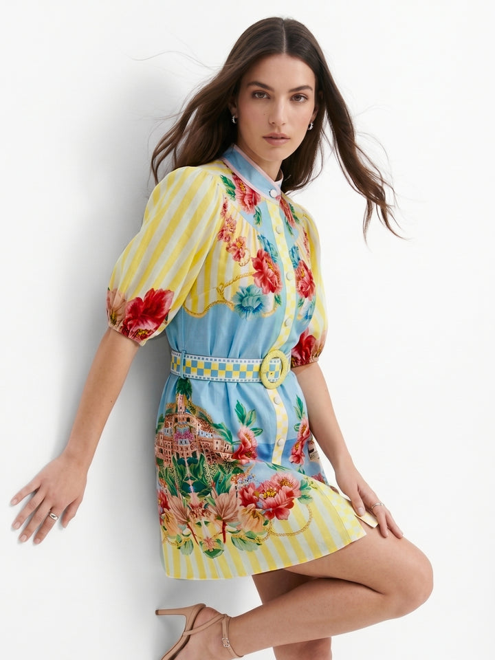 Multi Puff Sleeve Printed Dress