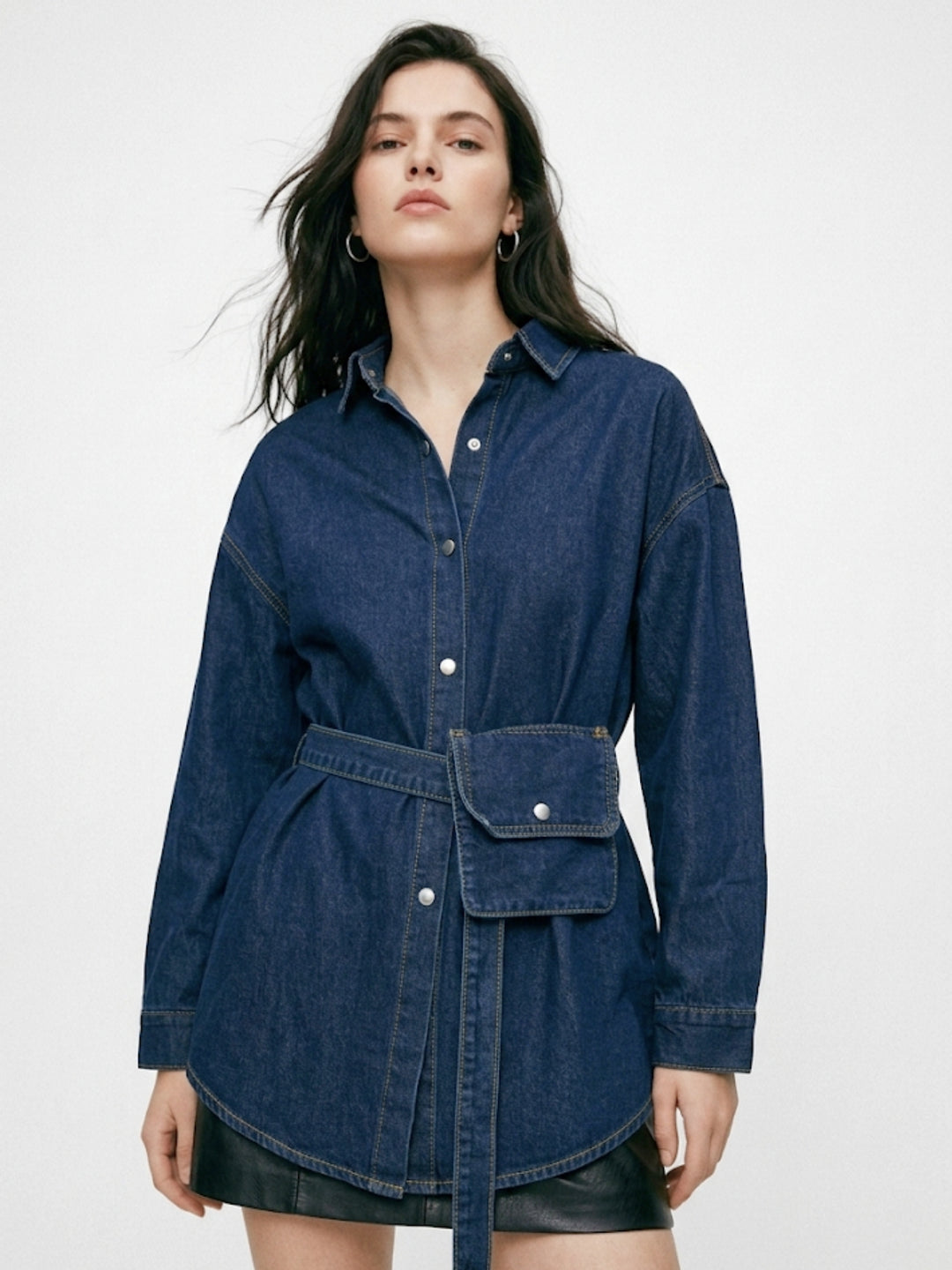 Navy Blue Oversized Shirt With Belt Pocket