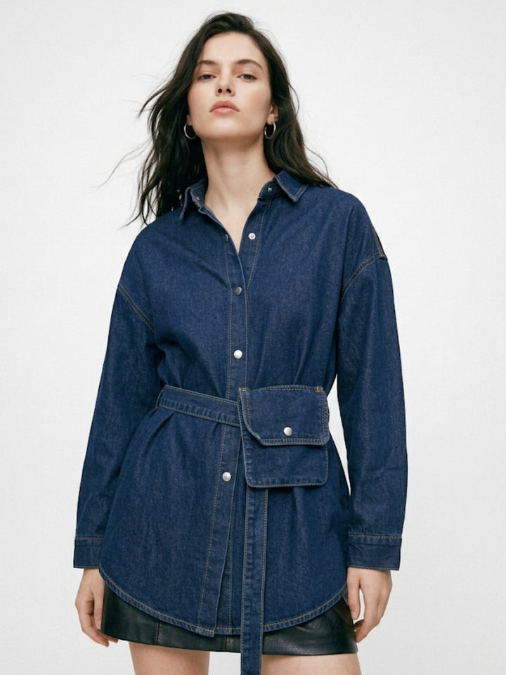 Navy Blue Oversized Shirt With Belt Pocket