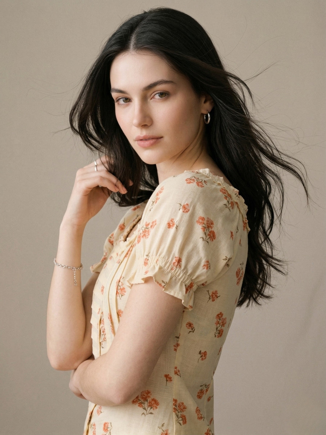 Butter Yellow Printed Square Neck Pleated Puff Sleeves Blouse