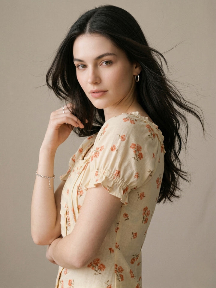 Butter Yellow Printed Square Neck Pleated Puff Sleeves Blouse