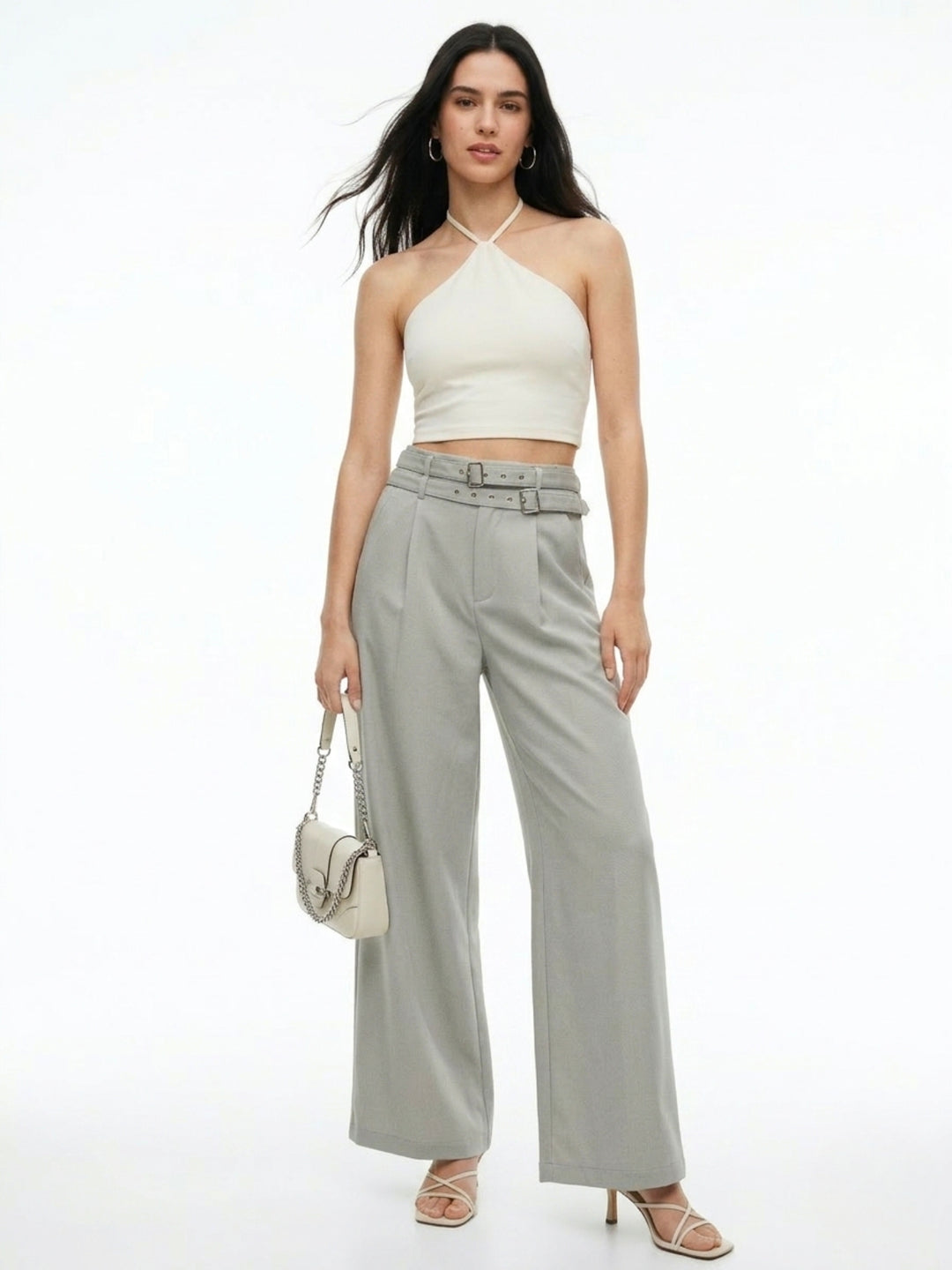 Grey Wide-Leg High-Waist Trousers With Dual Belt Details