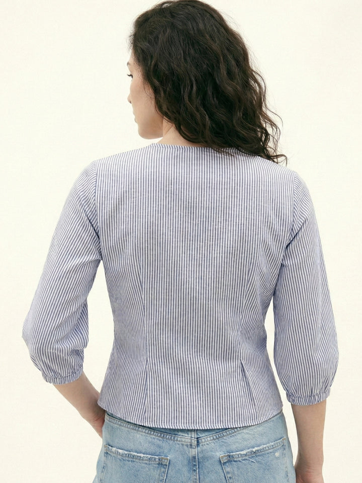 Blue Striped Wrap Blouse