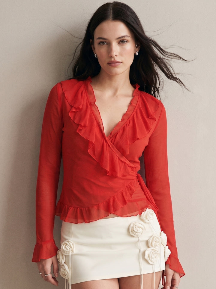 Red Ruffle Detail Full Sleeve Top