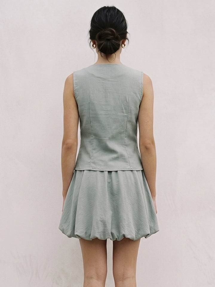 Light Blue Sleeveless Vest And Bubble Hem Skirt Set