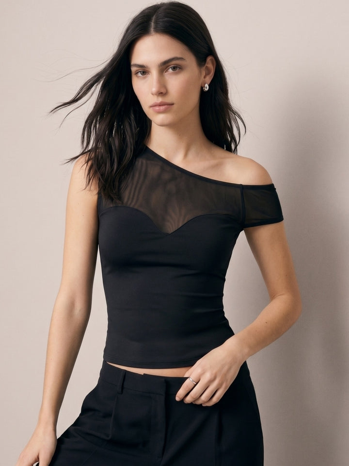 Black One Shoulder Mesh Bodysuit