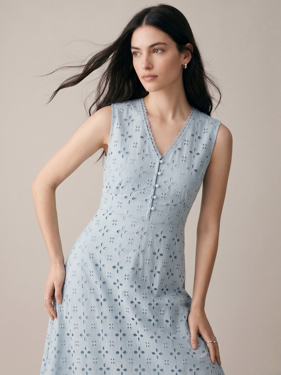 Blue Schiffli Embroidered Midi Dress With Lace Detail