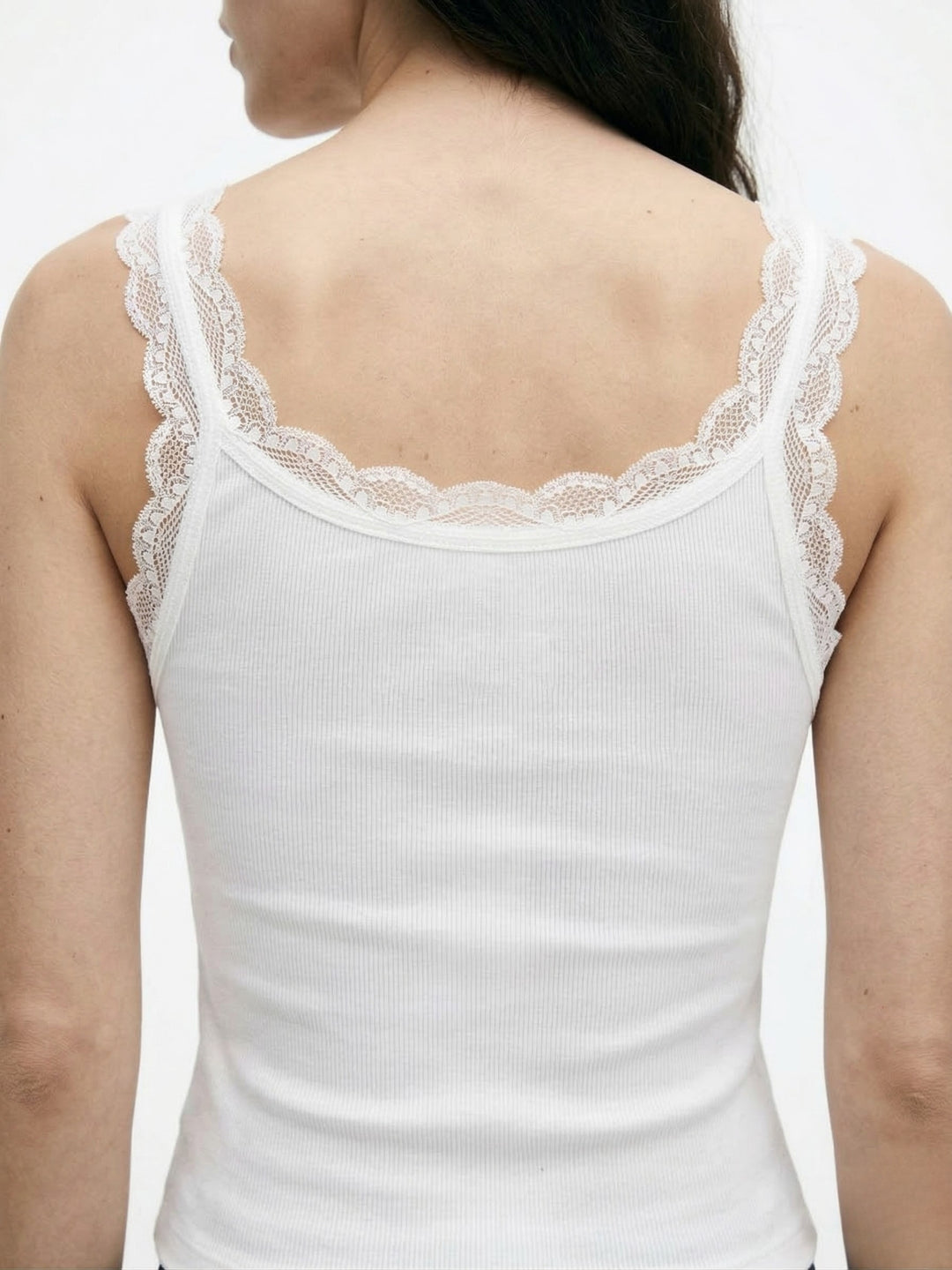 White Ribbed Tank With Lace Inserts
