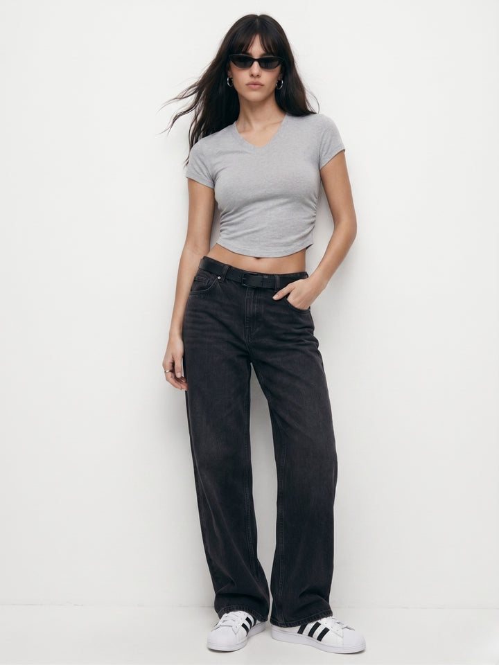 Grey V Neck Fitted Top