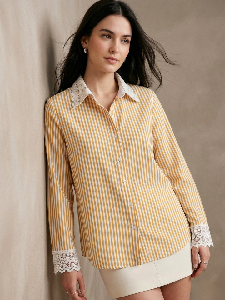Mustard Striped Lace Trim Shirt