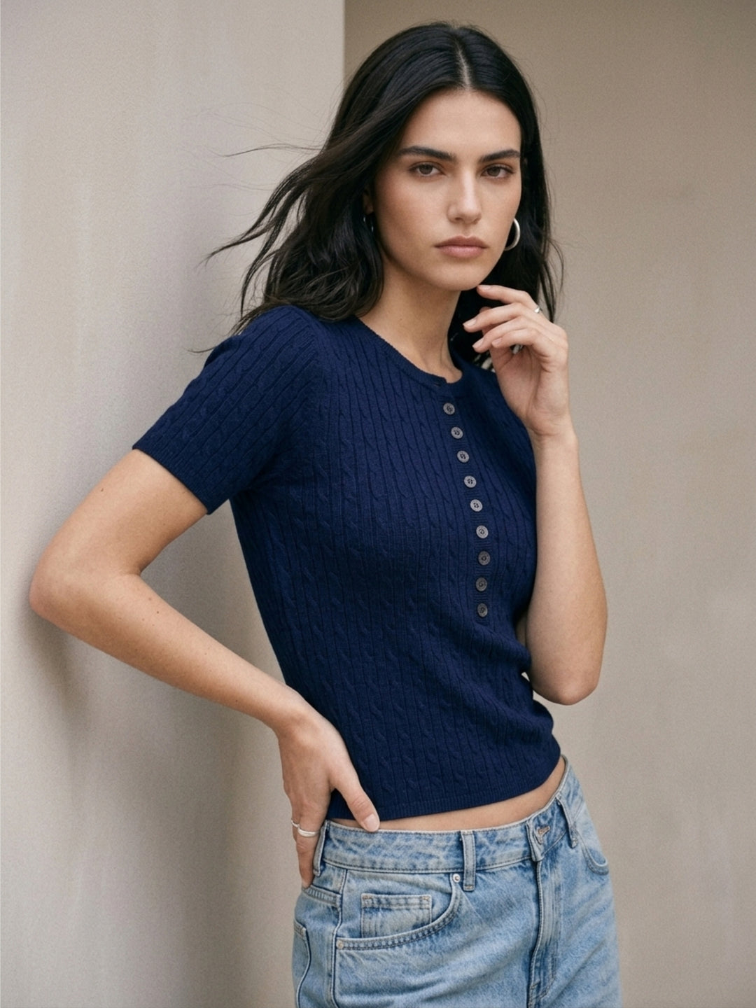 Navy Blue Cable Textured Button Down Top