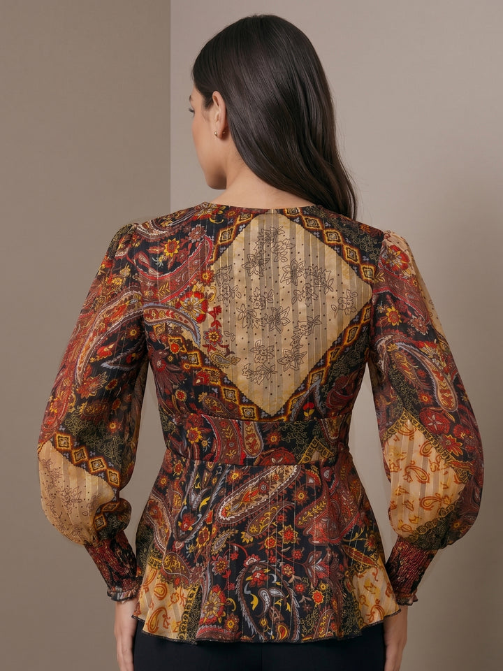 Brown Long Balloon Sleeves Peplum Top In Lurex Fabric