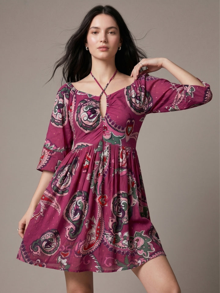 Purple Printed Lurex Mini Dress with Neck Tie