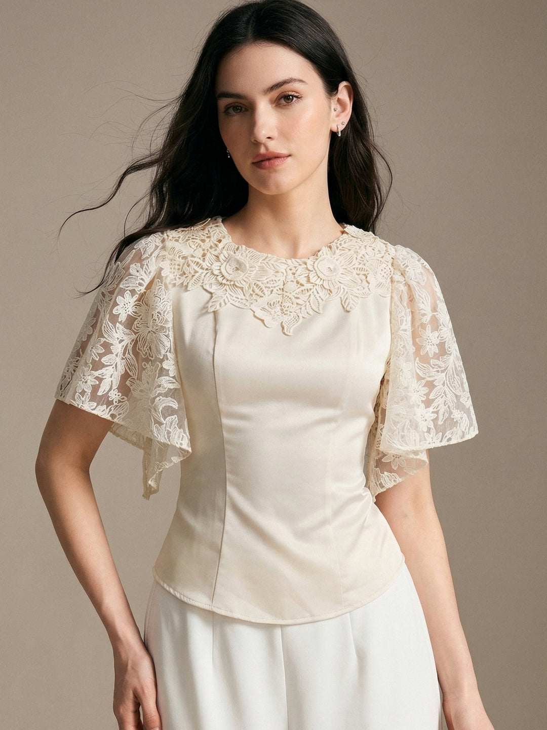 Beige Flare Textured Sleeve Top