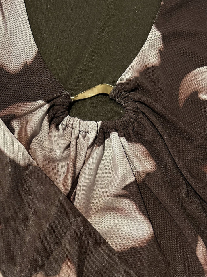 Brown Printed Mesh Top With Metal Trims